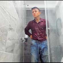 WETColours: Nico Takes a Shower in a Red Shirt and Jeans with Shampoo