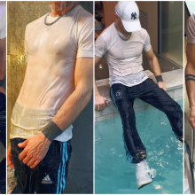 soakedguy: Sauna Pool Shower in Nylon Trackies