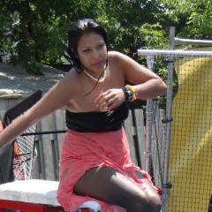 DunkTankFan: Kelly Dunked In A Peach & Black Dress with pantyhose