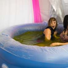 CandyCustard: Axa and Chloe ruin posh satin dresses, wrestle and fuck in stringy slime