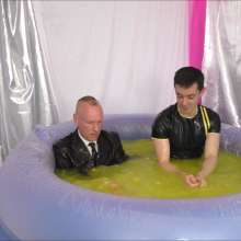 Candyguys: Full business suit vs Latex erotic wrestle in deep slime pool