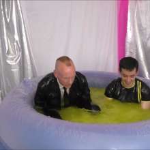 Candyguys: Full business suit vs Latex erotic wrestle in deep slime pool
