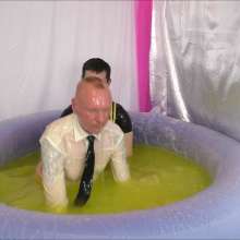 Candyguys: Full business suit vs Latex erotic wrestle in deep slime pool