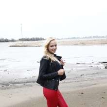 eileenvogel: Eileen in red leather pants in the river