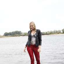 eileenvogel: Eileen in red leather pants in the river