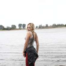 eileenvogel: Eileen in red leather pants in the river
