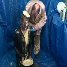 123gunge: Tied and taken in his catsuit.