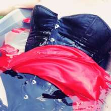 MadelineOasis: A Red Silky Party Dress and Lingerie in a Wheelbarrow