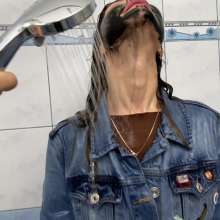 Wet Live Team: Anastasia Swam in a Denim Suit and with a Mask on Her Face