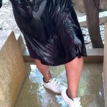 Wet_look_elena: Black Dress and White Sneakers Champ