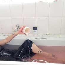 Thefetishgirl: Hair Washing with Red Shampoo in Leather Dress