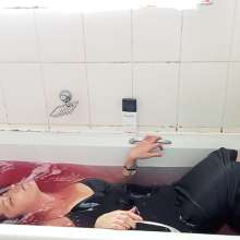 Thefetishgirl: Hair Washing with Red Shampoo in Leather Dress