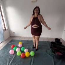 Darkabyss445: Maroon Dress Gunge Dare: Balloon Burst in Spike Heels