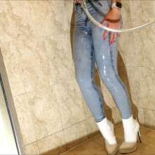 Tight and Wet Clothes: Skintight Blue Jean Leggings Shower