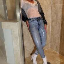 Tight and Wet Clothes: Skintight Blue Jean Leggings Shower