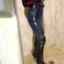 Tight and Wet Clothes: Tight Guess Denim Skirt and Boots Shower