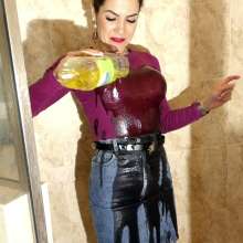 Tight and Wet Clothes: Tight Guess Denim Skirt and Boots Shower