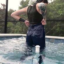 WetlookFashion: Lexie in the Pool Wearing Jeans, Crop Top and Flip Flops