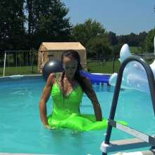 Jayce: Satin Gown-stockings-gloves-heels Pushed-Falling in the Pool