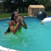 Jayce: Satin Gown-stockings-gloves-heels Pushed-Falling in the Pool