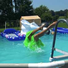 Jayce: Satin Gown-stockings-gloves-heels Pushed-Falling in the Pool