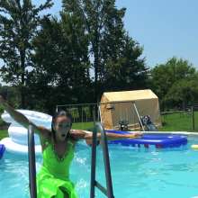 Jayce: Satin Gown-stockings-gloves-heels Pushed-Falling in the Pool