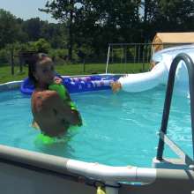 Jayce: Satin Gown-stockings-gloves-heels Pushed-Falling in the Pool