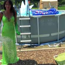 Jayce: Satin Gown-stockings-gloves-heels Pushed-Falling in the Pool
