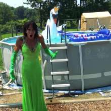 Jayce: Satin Gown-stockings-gloves-heels Pushed-Falling in the Pool