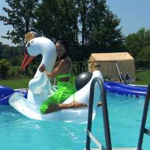 Jayce: Satin Gown-stockings-gloves-heels Pushed-Falling in the Pool