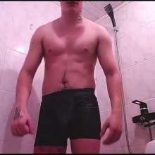 WETColours: Gordy in the Shower in the Tub with Black Shirt and Jeans