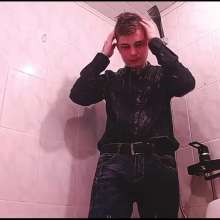 WETColours: Gordy in the Shower in the Tub with Black Shirt and Jeans