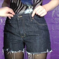 DungeonMasterOne: Chastity messy with milk!  A study of cut off denim shorts-filling.