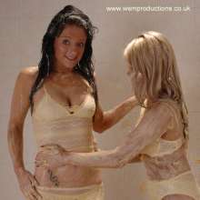 WSMProductions: A blonde and brunette dressed in white plus sloshy desserts--wsm