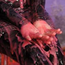 DungeonMasterOne: Felicity in catsuit, boots, and studded dress, makes a mess of herself!