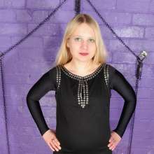 DungeonMasterOne: Felicity in catsuit, boots, and studded dress, makes a mess of herself!