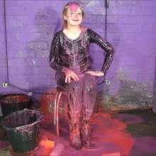 DungeonMasterOne: Felicity in catsuit, boots, and studded dress, makes a mess of herself!