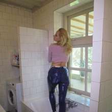 eileenvogel: W286 Eileen taking shower in pink crop top and jeans
