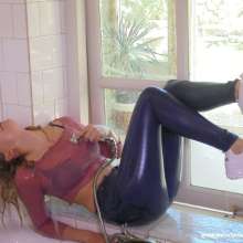 eileenvogel: W286 Eileen taking shower in pink crop top and jeans
