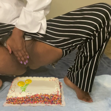 Messesoftheafternoon: Sexy chef sits on a cake and smashes pies in her face
