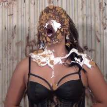 Anglefan: Katy gets pied from above in black lingerie