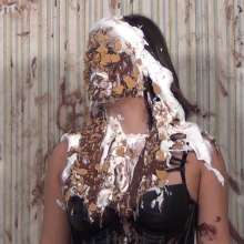 Anglefan: Katy gets pied from above in black lingerie