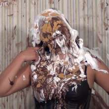 Anglefan: Katy gets pied from above in black lingerie