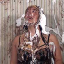 Anglefan: Katy gets pied from above in black lingerie
