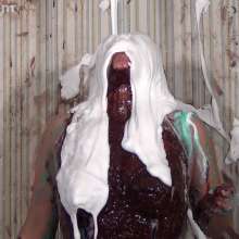 Anglefan: Katy gets pied from above in black lingerie