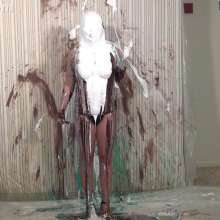 Anglefan: Katy gets pied from above in black lingerie