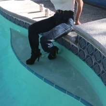 Tight and Wet Clothes: 1980s Chardon Designer Jeans Try on Wet in Pool and Shower