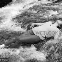 Ag Italian Wetlook: Leyla in river with jeans, white&pink Nike, socks, sweater