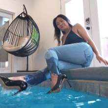 WetlookFashion: Reyna Swimming in the Pool in Jeans, Heels and a Swimsuit