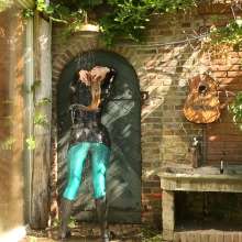 eileenvogel: W450 Eileen in spandex dress under the outside shower